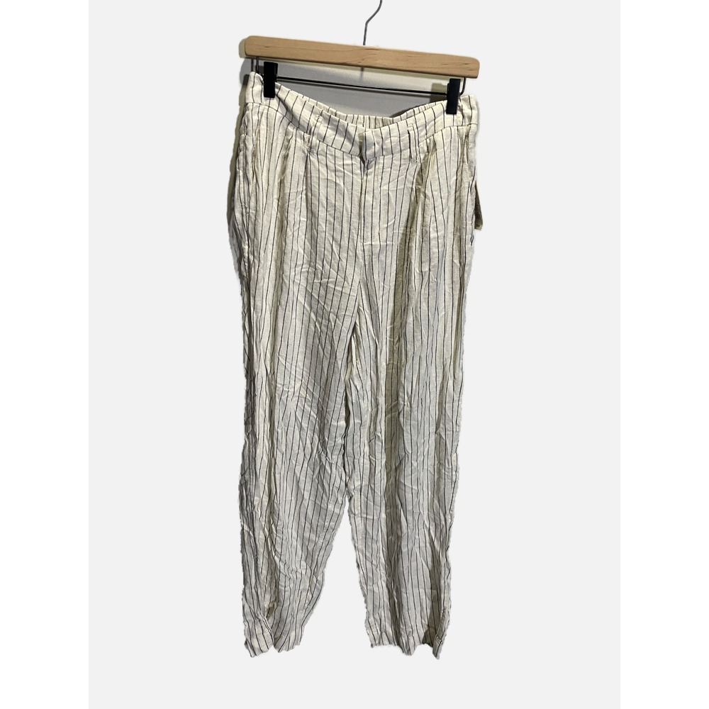 A New Day Pinstripe Pants Womens 6 White Linen Blend Pleated Tapered Trousers NE